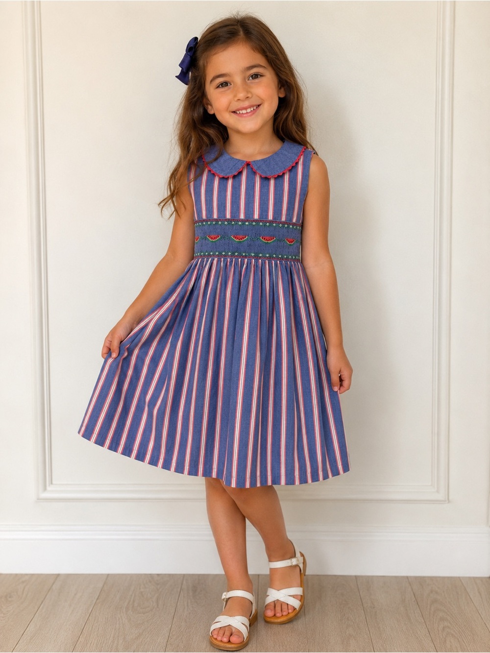 Vintage Sleeveless Blue Striped Watermelon Dress - Girls